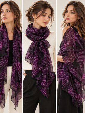 Private Label Women's Silk Scarf | Black & Magenta Dot Swirl Print, 75” x 23”